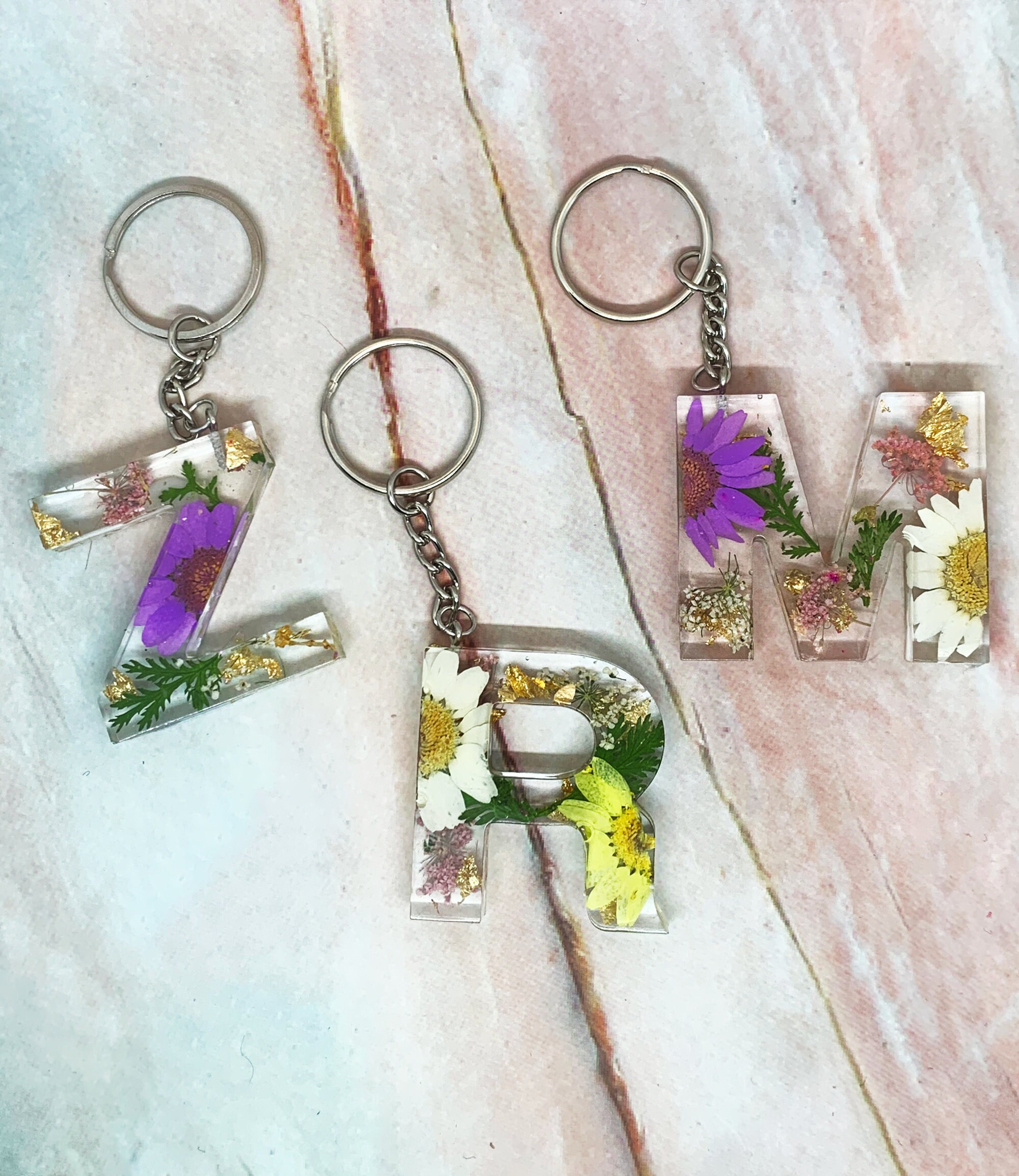 Flower Resin Letter Keychain Etsy