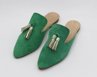 Womens leather mules, green suede mules, Moroccan mules Babouche, red leather Slippers for Women, Moroccan suede slipper, Mule suede Slipper