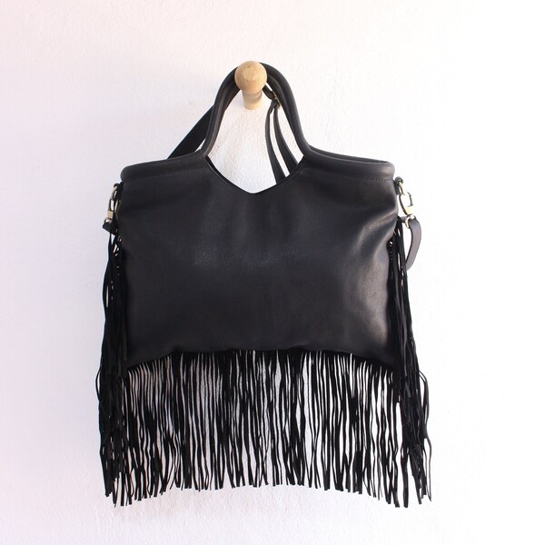 Borsa tote con frange, borsa a tracolla frangia, borsa Fringe in pelle, borsa frange in pelle nera, pelle fringe con perline, borsa a tracolla frangia