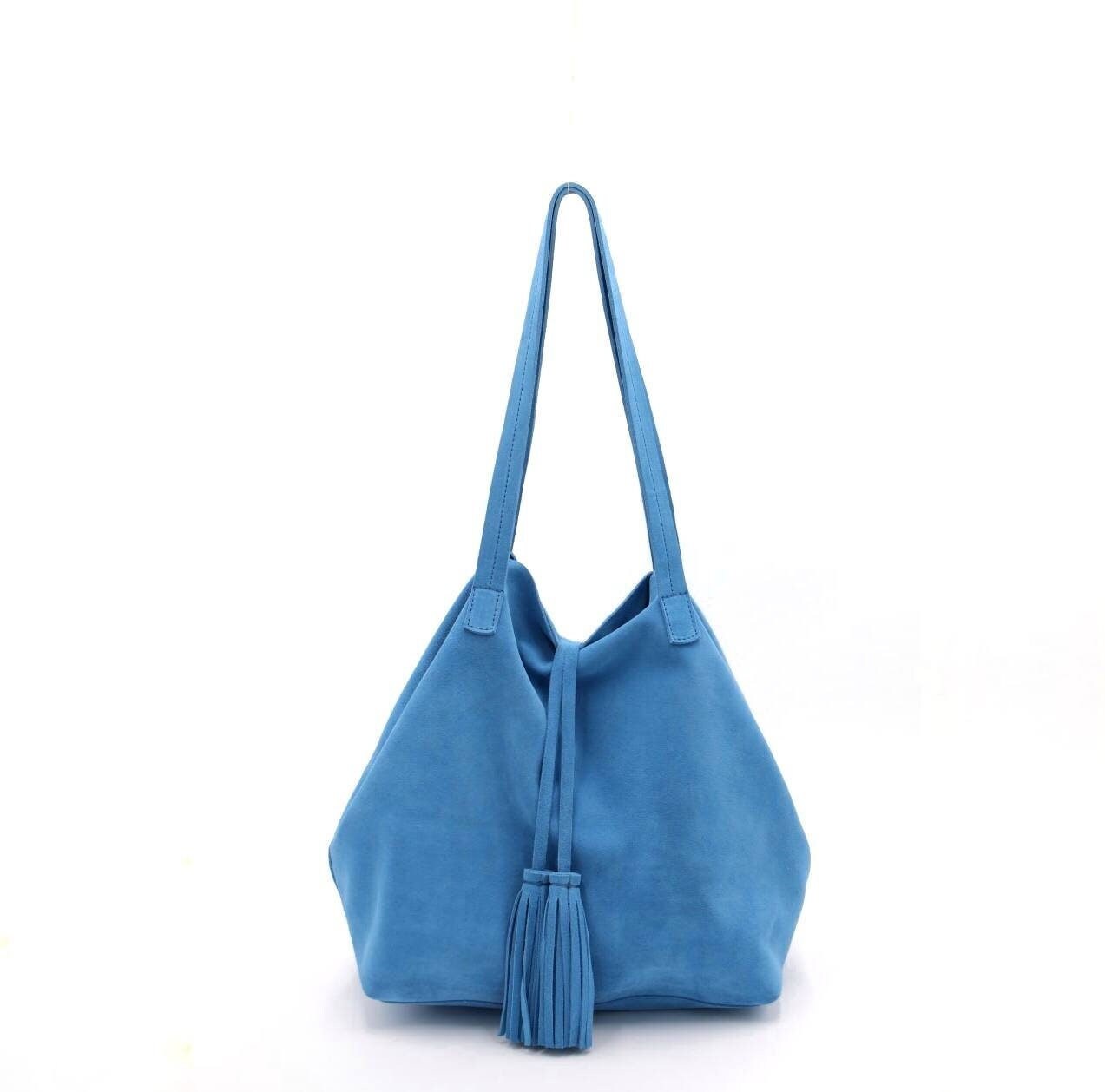 Shashi Women's Kira Blue Suede Beaded Fringed Crossbody Bag munimoro