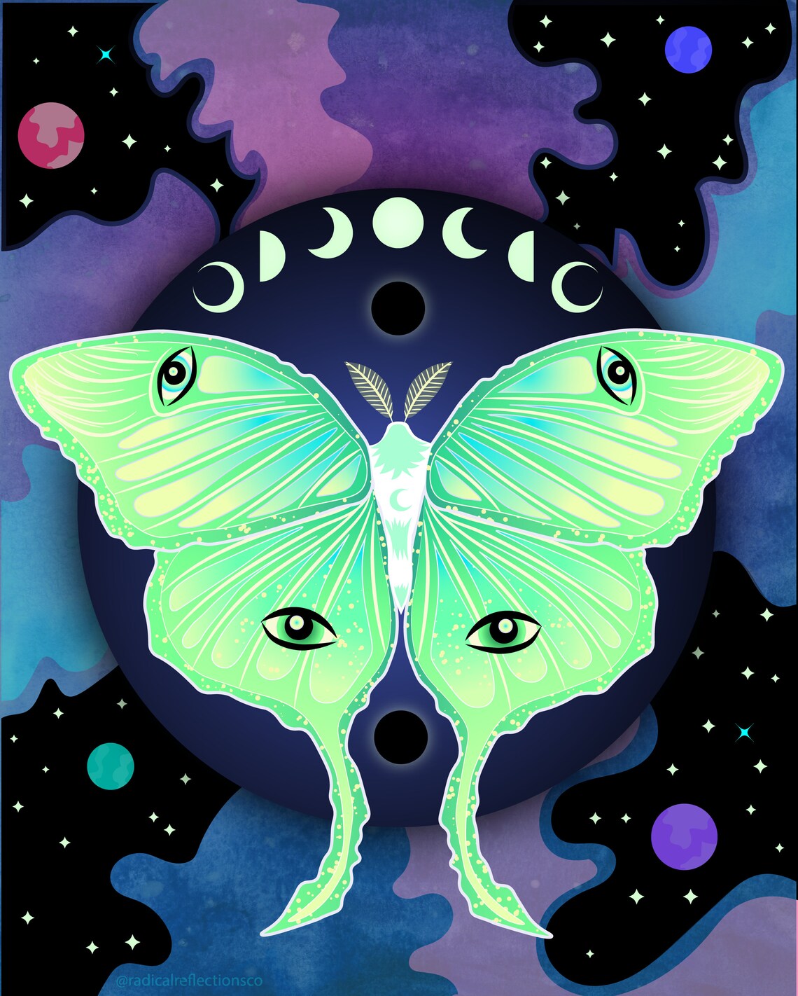 Luna Moth With Moon Phases Art Print Butterfly Art Moon Art Etsy