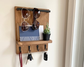 Entryway Organizer, Key Holder, Sunglass Holder, Key Hooks, Mail, Front Hall Organization, Wall Mount, Apartment Decor, Shelf with Hooks