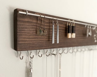 Earring and Necklace Hanger, Rustic Wood Wall Mounted Jewelry Organizer Holder with Hooks and Bar