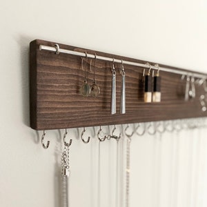 Earring and Necklace Hanger, Rustic Wood Wall Mounted Jewelry Organizer Holder with Hooks and Bar