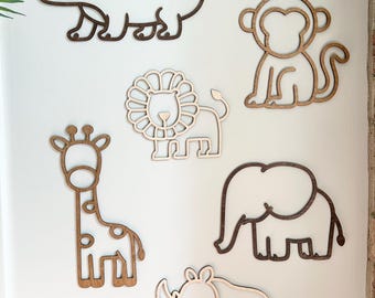 Wooden Safari Animals Set of 6, Elephant, Giraffe, Lion, Alligator, Rhino, Monkey, Animal Decal Set, Nursery Wall Art, Jungle Theme Room