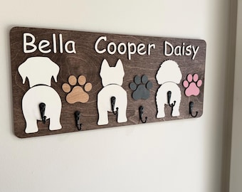 Personalized Dog Leash Hooks, 256 Designs, Dog Paw Print Leash Holder, Dog Butt Hooks, Custom Dog Name with Hooks, Dog Accessories Organizer