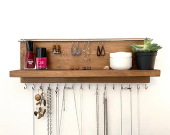 Jewelry Organizer with Shelf, Rustic Wood Jewelry Hanger with Hooks and Bar, Jewelry Organization, Jewelry Holder