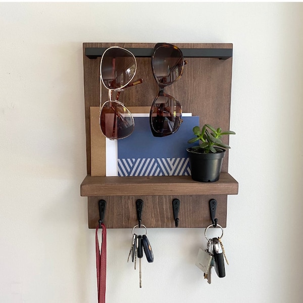 Entryway Organizer, Key Holder, Sunglass Holder, Key Hooks, Mail, Front Hall Organization, Wall Mount, Apartment Decor, Shelf with Hooks