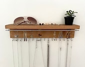 Wall Mounted Jewelry Organizer Holder with Shelf, Rustic Wood Jewelry Hanger with Hooks and Bar, Jewelry Storage, Boho Decor, Gift For Her