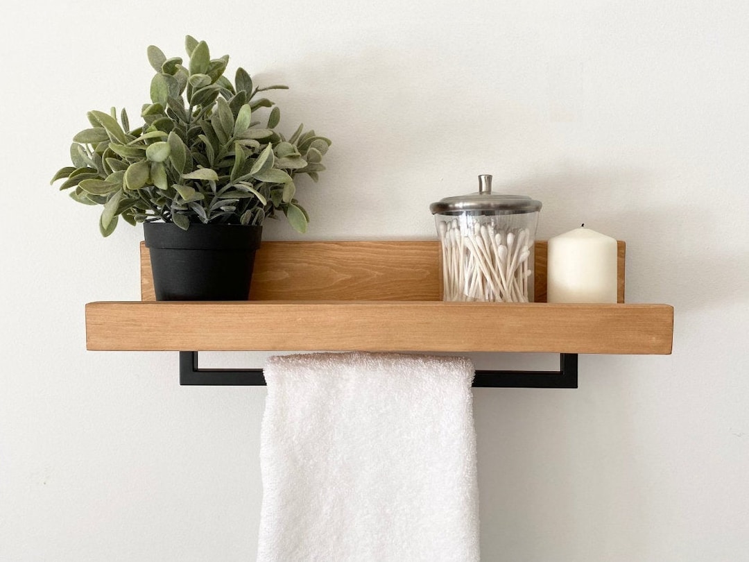 5 Hook Wood Wall Mounted Floating Bathroom Shelf and Towel Rack