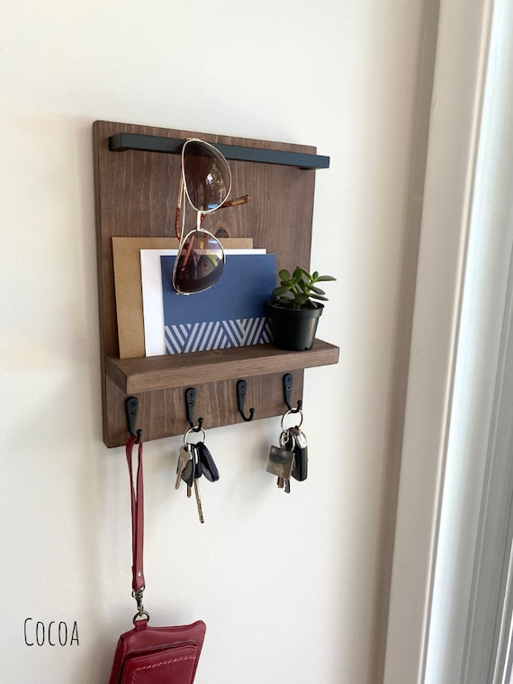 Entryway Wall Organizer Sunglasses Hook Rack Wood Wallet Mail Shelf Decor 