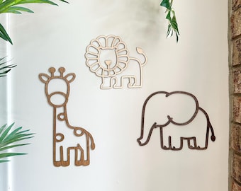 Wooden Safari Animals Set of 3, Trio Set, Elephant, Giraffe, Lion, Wooden Animal Decal Set, Nursery Wall Art, Jungle Theme Kids Room