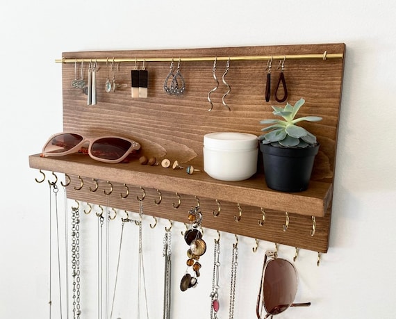 Wall Mounted Jewelry Organizer Holder With Shelf, Rustic Wood Jewelry Hanger  With Hooks and Bar, Jewelry Storage, Boho Decor, Gift for Her 