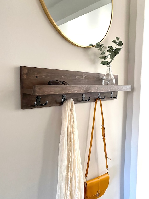 Entryway Organizer, Coat Rack, Key Holder Hooks, Brass Hooks, Farmhouse  Decor, Wall Mount, Apartment Decor, Shelf With Hooks, Wood Coat Rack -   Canada