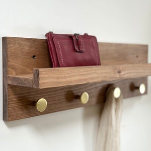 Entryway Organizer, Coat Rack, Key Holder Hooks, Brass Hooks, Farmhouse Decor, Wall Mount, Apartment Decor, Shelf with Hooks, Wood Coat Rack