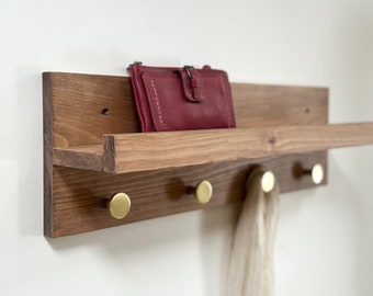 Entryway Organizer, Coat Rack, Key Holder Hooks, Brass Hooks, Farmhouse Decor, Wall Mount, Apartment Decor, Shelf with Hooks, Wood Coat Rack