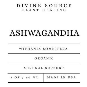May include: A white label with black text for an Ashwagandha product. The label includes the product name, ingredients, and usage instructions. It also states the product is organic and supports adrenal health. The label is 1 oz / 60 ml and made in the USA.
