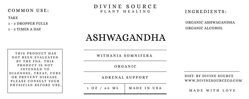May include: A white label with black text for an Ashwagandha product. The label includes the product name, ingredients, and usage instructions. It also states the product is organic and supports adrenal health. The label is 1 oz / 60 ml and made in the USA.