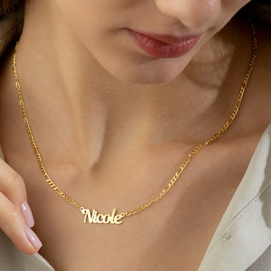 14K GOLD Name Necklace with Figaro Chain • Gothic Name Necklace • Personalized Gift • Gift For Christmas • Gift For Mothers • Gift For Her