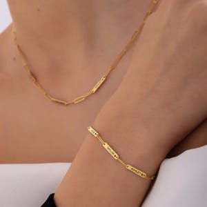 Custom Engraved Mini Name Bar Bracelet with Birthstone | Dainty Charm Bracelet | Personalized Mothers Day Gift | Paperclip Chain Bracelet
