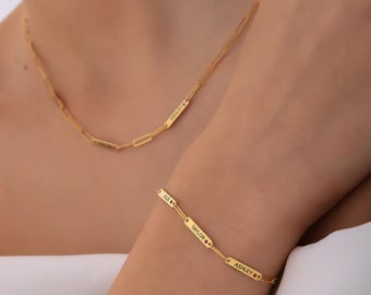 Custom Engraved Mini Name Bar Bracelet with Birthstone | Dainty Charm Bracelet | Personalized Mothers Day Gift | Paperclip Chain Bracelet