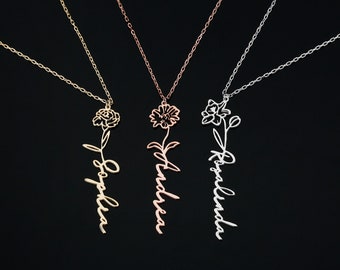 Personalized Bridesmaid Gift, Dainty Necklace with Birth Flower, Custom Name Necklace, Mother&#39;s Day Gift, Best Friend Wedding, Gift for Mom