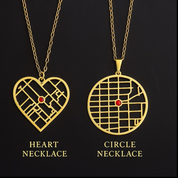 Custom Map Necklace – Circle & Heart with Birthstone, Coordinate Pendant, Location Necklace, First Kiss Necklace, Mother's Address Necklace