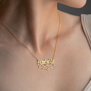 Bat Name Necklace - Custom Bat Pendant - Personalized Bat Necklace - Tiny Bat Necklace - Gothic Jewelry - Birthday Gift - Gift for Halloween