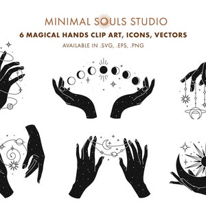 Set van 6 magische handen logo sjabloon esoterische mystieke ontwerpelementen clipart, vectoren, iconen, EPS Instant digitale download illustratie