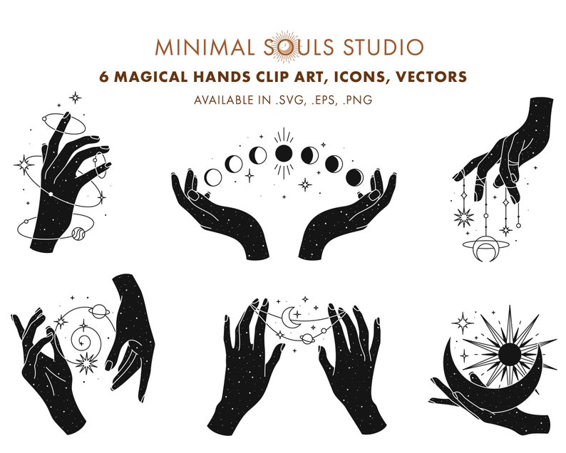 May include: Six black and white illustrations of hands holding or interacting with celestial objects, including moons, stars, and planets. The illustrations are in a minimalist style and are perfect for use in digital or print projects.