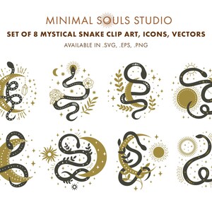 Könnte beinhalten: Satz mit acht mystischen Schlangen-Clipart-Designs, die eine Schlange zeigen, die sich um einen Halbmond, die Sonne oder florale Elemente windet. Die Designs sind in Gold und Schwarz gehalten und eignen sich perfekt für den Einsatz in digitalen oder physischen Projekten.