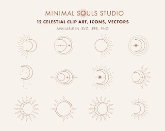 Set of 12 Esoteric Symbols With Moon & Sun Celestial Illustration In Boho Style Clipart, Vectors, Icon Instant Digital Download Illustration