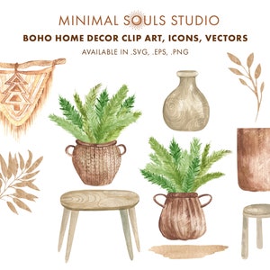 May include: Boho home decor clip art featuring a variety of elements, including a woven wall hanging, potted plants, a vase, a stool, and a table. The elements are rendered in watercolor style with a neutral color palette of brown, beige, and green.