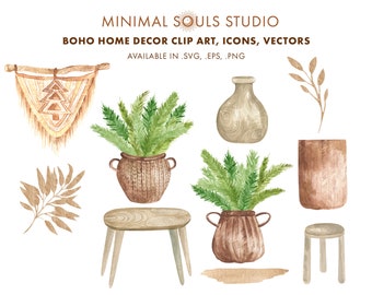 May include: Boho home decor clip art featuring a variety of elements, including a woven wall hanging, potted plants, a vase, a stool, and a table. The elements are rendered in watercolor style with a neutral color palette of brown, beige, and green.