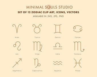 Set of 12 Zodiac Signs Minimal Linear Style Collection Horoscope Symbols Clipart, Vectors, Icons EPS Instant Digital Download Illustration
