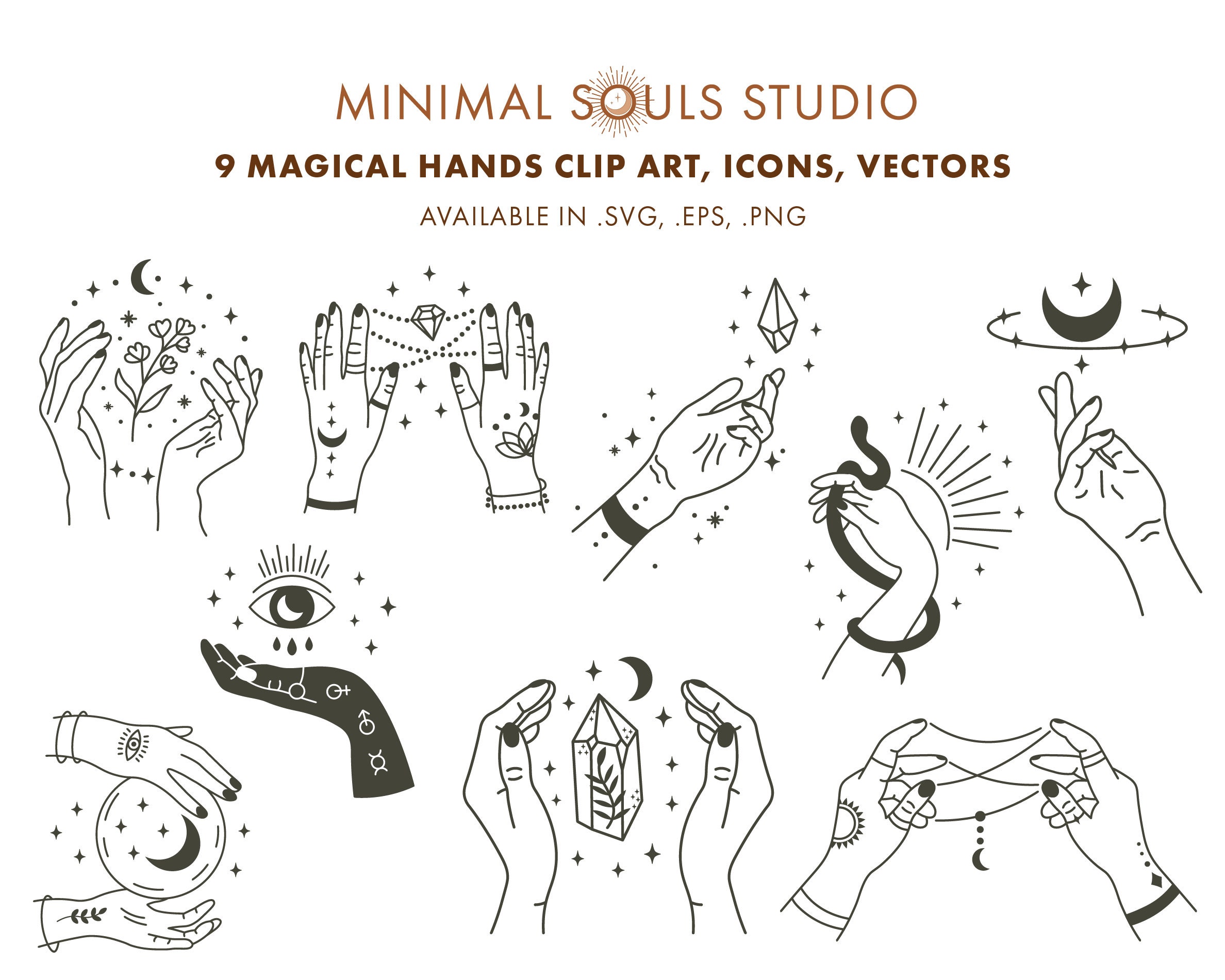 9 個の魔法の手のセット ボヘミアン オカルト 魔女 神秘的なシンボル