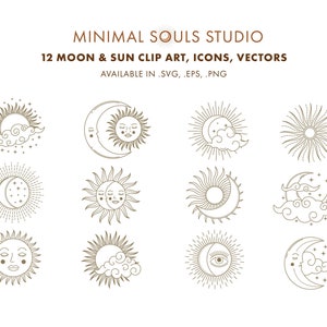 Set of 12 Magical Moon Sun Golden Boho Astrology Sun Moon Stars Clouds Set, Clipart, Vectors, Icons, Instant Digital Download Illustration