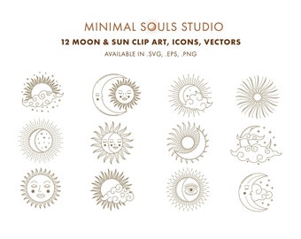Set of 12 Magical Moon Sun Golden Boho Astrology Sun Moon Stars Clouds Set, Clipart, Vectors, Icons, Instant Digital Download Illustration