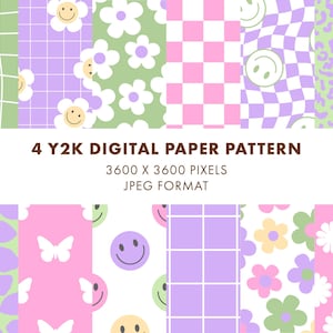 May include: Set of four digital paper patterns in a Y2K aesthetic. The patterns feature a green grid, purple grid, pink and white checkered pattern, green and purple checkered pattern, green and purple floral pattern, pink and white floral pattern, pink butterfly pattern, and a purple and green smiley face pattern.