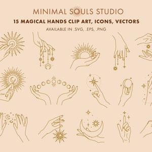 Puede incluir: Conjunto de 15 ilustraciones de manos en línea art que sostienen o interactúan con objetos celestes como lunas, estrellas y soles. Las ilustraciones están en un estilo minimalista y son perfectas para usar en proyectos digitales o impresos.