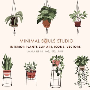Interior Potted Plantas Decor Elements Set Green Thumb Bullet Journal Clipart, Vectores, Iconos, EPS Instant Digital Download Illustration