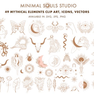 Puede incluir: Un conjunto de 49 ilustraciones digitales con elementos míticos, que incluyen un caballo alado, una mariposa, una calavera, una serpiente, una luna creciente, un sol, una araña, un pájaro, una pluma, una flor y un ojo. Las ilustraciones son de estilo minimalista y son perfectas para usar en proyectos digitales.