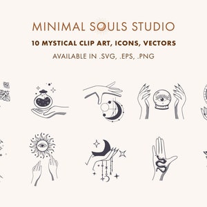 May include: Set of 10 mystical clip art icons and vectors featuring hands, celestial bodies, and other magical elements. Available in SVG, EPS, and PNG formats.