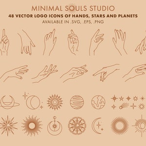 48 Hand Logo Creator Linear Hand Gestures Moon Phases Stars Sun Planets Clipart, Vectors, Icons, EPS Instant Digital Download Illustration