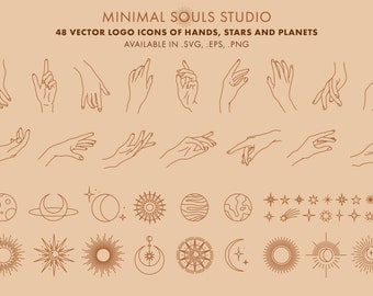 48 Hand Logo Creator Linear Hand Gestures Moon Phases Stars Sun Planets Clipart, Vectors, Icons, EPS Instant Digital Download Illustration