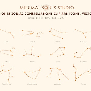 Set van 12 Zodiac sterrenbeelden minimale lineaire stijl Vector collectie Horoscoop symbolen Clipart, pictogram Instant Digitale Download illustratie