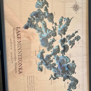 Lake Minnetonka Bathymetric Map, 3D Laser Cut and Engraved, Multilayers of Depth