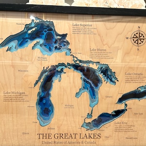 The Great Lakes Bathymetric Map, 3D Laser Cut and Engraved, Multilayers