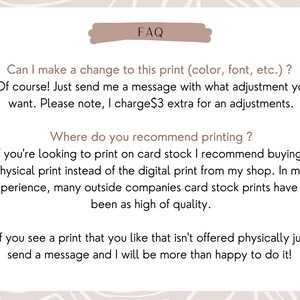 May include: FAQ text about printing options for a shop. The text explains that the shop offers physical prints on card stock and that customers can request changes to their prints for an additional fee.