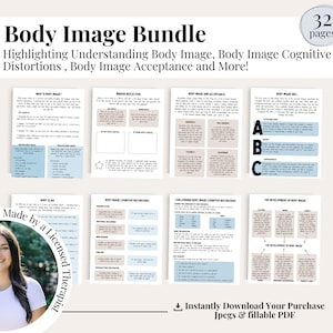 Könnte beinhalten: Ein digitaler druckbarer Bundle mit 32 Seiten zum Verständnis von Körperbild, kognitiven Verzerrungen und Körperakzeptanz. Das Bundle enthält Arbeitsblätter und Aktivitäten. Der Text "Made by a Licensed Therapist" ist auf dem Bild.